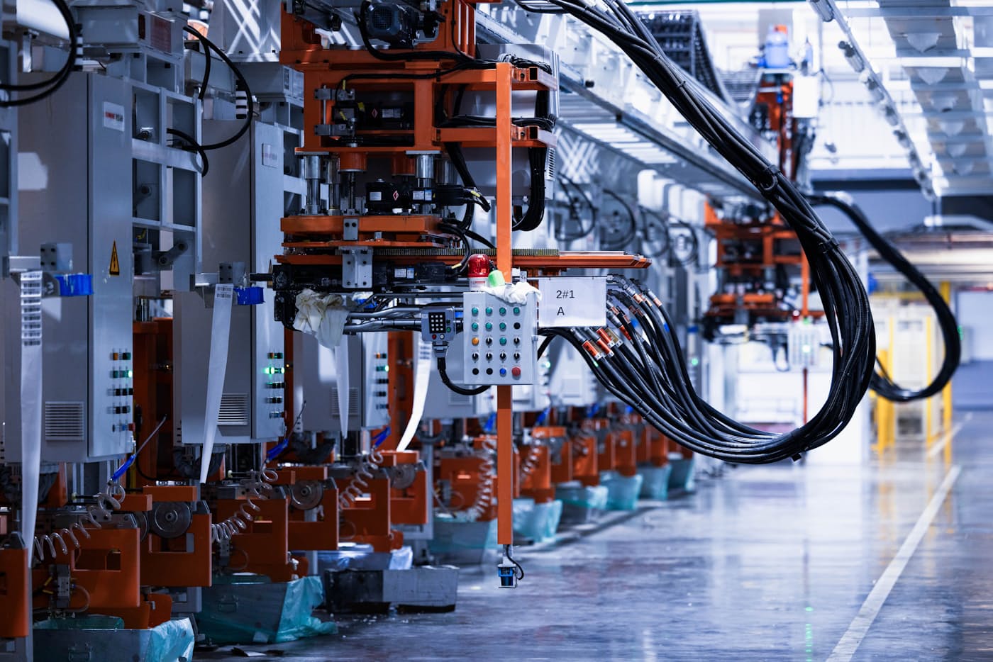 Electronics production line with equipment in a modern factory