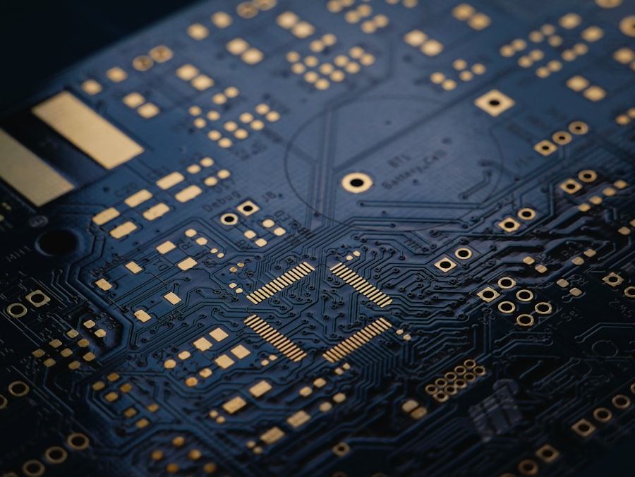 Bare circuit board showing fine copper routing and pad arrays