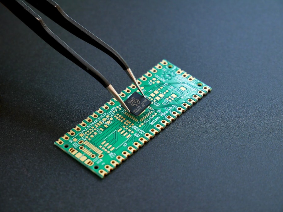 Tweezers placing a small package onto an unpopulated board