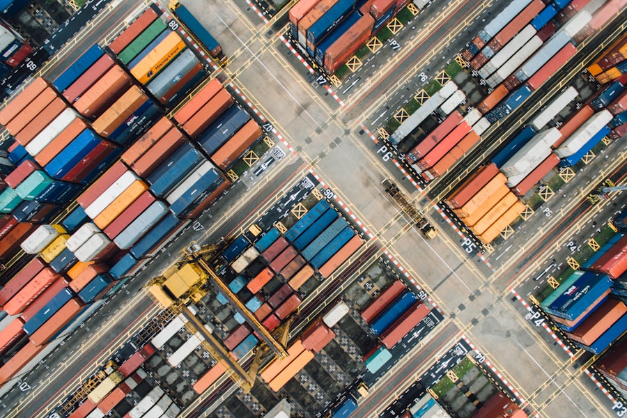 Aerial view of a container terminal stacked with freight